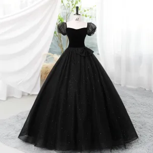 Elegant Black Sequins Prom Dresses 2023 Ball Gown Square Neckline Short Sleeve Backless Floor Length Long Prom Formal Dresses