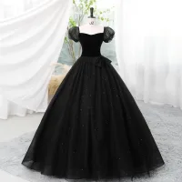 Elegante Schwarz Pailletten Ballkleider 2023 Ballkleid Eckiger Ausschnitt Kurze Ärmel Rückenfreies Lange Ball Festliche Kleider
