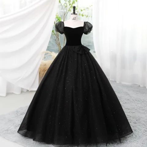 Elegante Schwarz Pailletten Ballkleider 2023 Ballkleid Eckiger Ausschnitt Kurze Ärmel Rückenfreies Lange Ball Festliche Kleider