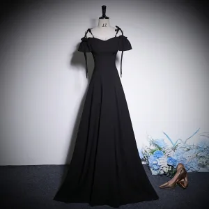 Chic Belle Noire Robe De Bal 2023 Princesse Bretelles Spaghetti Noeud Manches Courtes Dos Nu Longue Promo Robe De Ceremonie