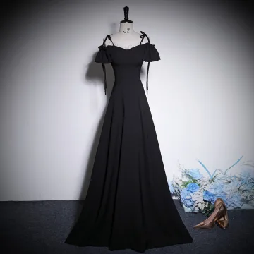 Chic Beautiful Black Prom Dresses 2023 A Line Princess Spaghetti Straps Bow Short Sleeve Backless Floor Length Long Prom Formal Dresses