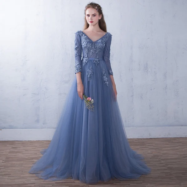 Chic / Beautiful Ocean Blue Evening Dresses 2018 A-Line / Princess Appliques V-Neck Backless 3/4 Sleeve Floor-Length / Long Formal Dresses