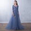 Chic / Beautiful Ocean Blue Evening Dresses  2018 A-Line / Princess Appliques V-Neck Backless 3/4 Sleeve Floor-Length / Long Formal Dresses