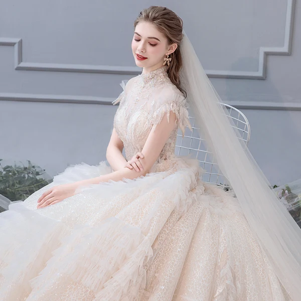 Luxury / Gorgeous Champagne Wedding Dresses 2019 A-Line / Princess High Neck Beading Crystal Pearl Sequins Short Sleeve Backless Royal Train