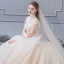 Luxury / Gorgeous Champagne Wedding Dresses 2019 A-Line / Princess High Neck Beading Crystal Pearl Sequins Short Sleeve Backless Royal Train
