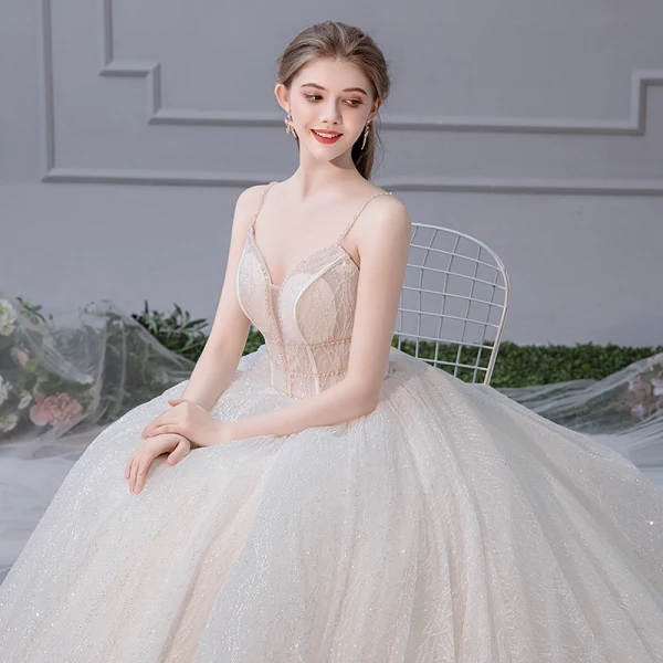 Élégant Champagne Robe De Mariée 2019 Robe Boule Bretelles Spaghetti Sans Manches Dos Nu Cathedral Train