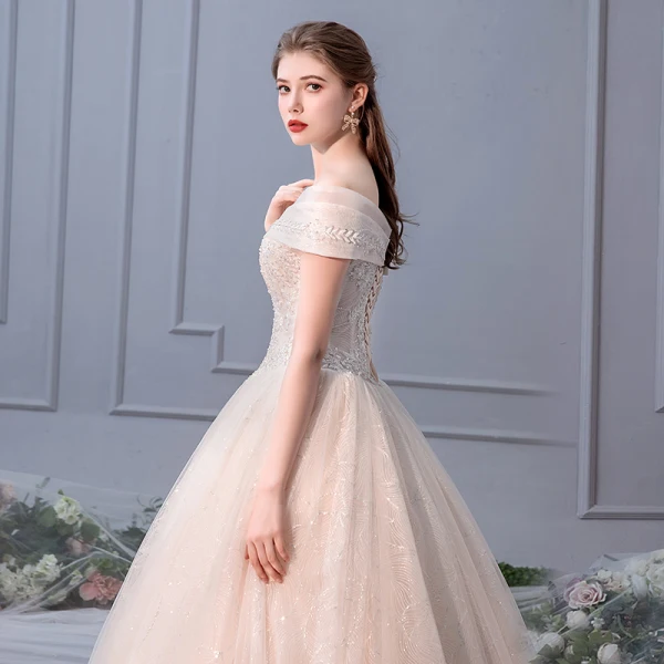 Elegant Champagne Wedding Dresses 2019 Ball Gown Off-The-Shoulder Beading Pearl Sequins Appliques Lace Flower Short Sleeve Backless Floor-Length / Long