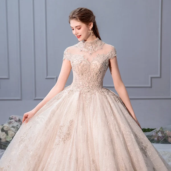 Luxury / Gorgeous Champagne Wedding Dresses 2019 Ball Gown Scoop Neck Beading Pearl Sequins Lace Flower Cap Sleeves Backless Royal Train Cascading Ruffles