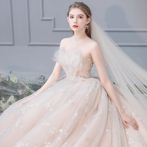 Luxury / Gorgeous Champagne Wedding Dresses 2019 Ball Gown Strapless Rhinestone Pearl Lace Flower Sequins Sleeveless Backless Royal Train