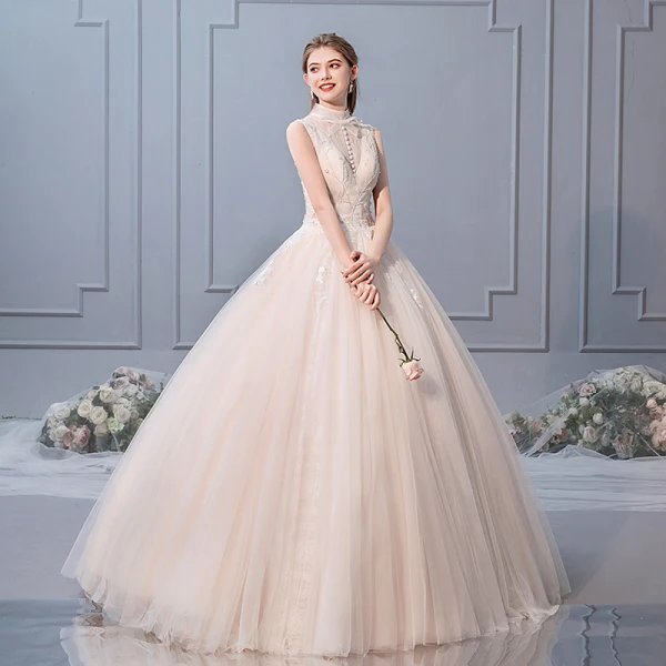 Chic / Beautiful Champagne Wedding Dresses 2019 Ball Gown High Neck Beading Sequins Lace Flower Sleeveless Backless Pearl Floor-Length / Long