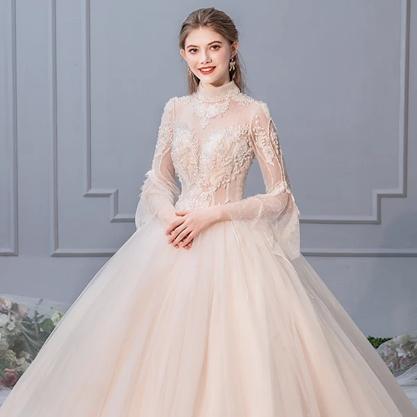 Elegante Champagner Brautkleider / Hochzeitskleider 2019 Ballkleid Stehkragen Perlenstickerei Pailletten Spitze Blumen Lange Ärmel Rückenfreies Lange