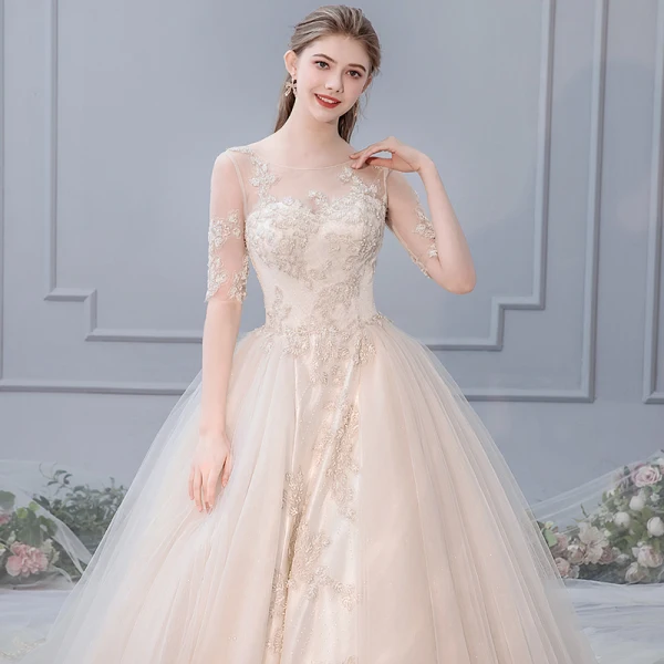 Chic / Belle Champagne Robe De Mariée 2019 Princesse Encolure Dégagée Perlage En Dentelle Fleur 1/2 Manches Cathedral Train