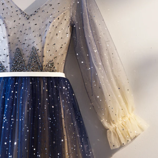 Chic / Belle Bleu Marine Dégradé De Couleur Robe De Soirée 2019 Princesse V-Cou Perlage Cristal Étoile Paillettes Ceinture Manches Longues Longue Robe De Ceremonie