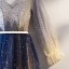 Chic / Belle Bleu Marine Dégradé De Couleur Robe De Soirée 2019 Princesse V-Cou Perlage Cristal Étoile Paillettes Ceinture Manches Longues Longue Robe De Ceremonie