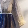 Chic / Belle Bleu Marine Dégradé De Couleur Robe De Soirée 2019 Princesse V-Cou Perlage Cristal Étoile Paillettes Ceinture Manches Longues Longue Robe De Ceremonie