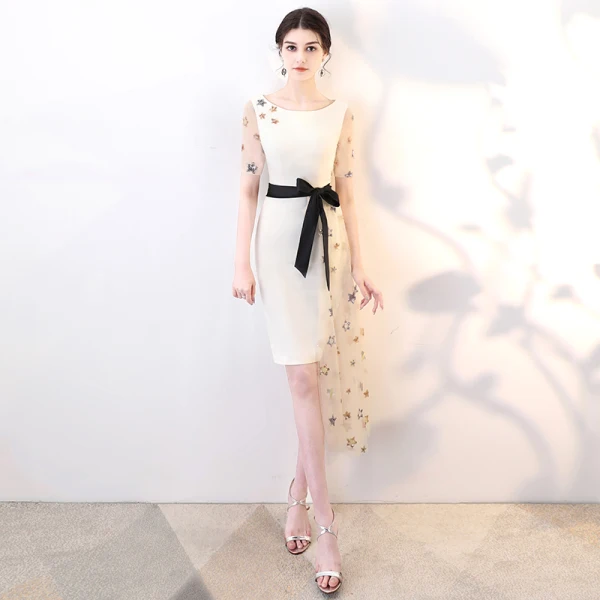 Amazing / Unique Champagne High Low Evening Dresses 2018 Sequins Star Bow Scoop Neck Short Sleeve Short Formal Dresses