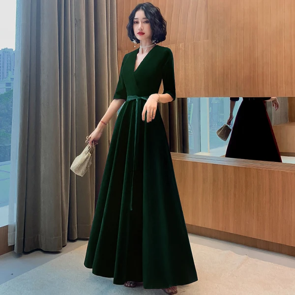 Elegant Burgundy Suede Evening Dresses 2021 A-Line / Princess V-Neck Bow 1/2 Sleeves Floor-Length / Long Evening Party Formal Dresses