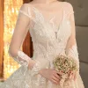 Chic / Beautiful Champagne Wedding Dresses 2019 A-Line / Princess Scoop Neck Lace Flower Sequins Long Sleeve Backless Royal Train