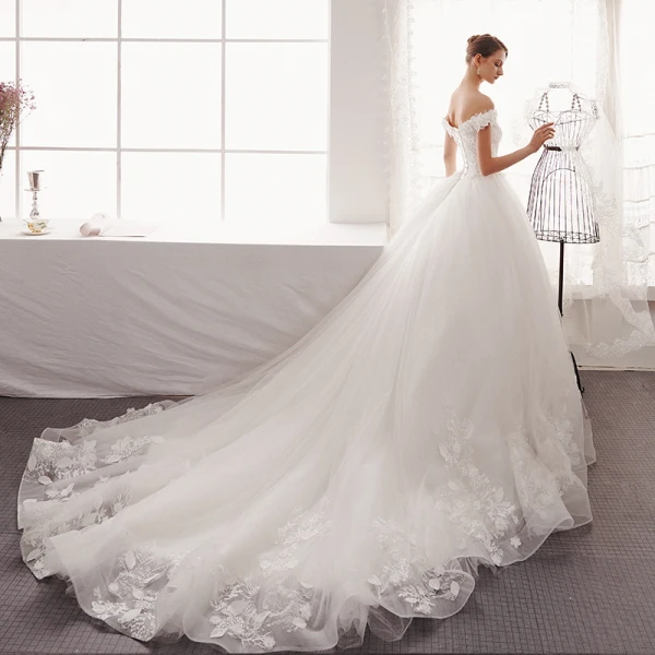 Charming Ivory Wedding Dresses 2019 A-Line / Princess Off-The-Shoulder Lace Flower Pearl Appliques Sleeveless Backless Cathedral Train