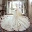 Schöne Champagner Brautkleider / Hochzeitskleider 2019 A Linie Off Shoulder Perlenstickerei Strass Spitze Blumen Kurze Ärmel Rückenfreies Königliche Schleppe
