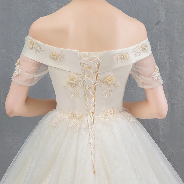 Elegant Champagne Wedding Dresses 2019 Ball Gown Off-The-Shoulder Appliques Lace Flower Short Sleeve Backless Chapel Train