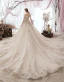 Elegant Champagne Wedding Dresses 2019 Ball Gown Off-The-Shoulder Beading Lace Flower Sequins Short Sleeve Backless Cathedral Train