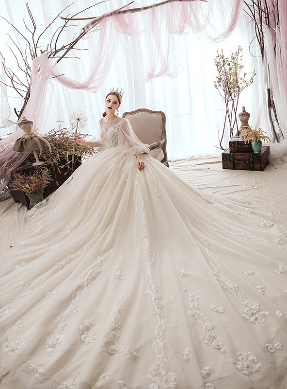 Luxury / Gorgeous Champagne Wedding Dresses 2019 A-Line / Princess Scoop Neck Beading Lace Flower 3/4 Sleeve Backless Cathedral Train
