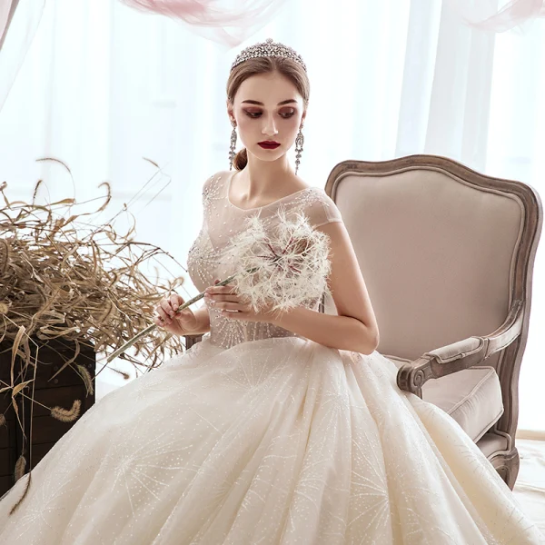 Luxury / Gorgeous Champagne Wedding Dresses 2019 A-Line / Princess Scoop Neck Beading Sequins Sleeveless Cathedral Train