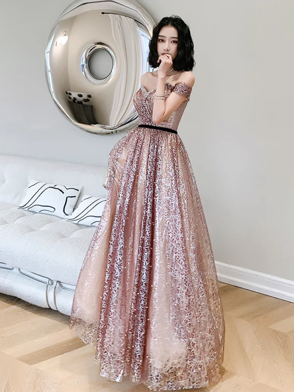 Sexy Blushing Pink Sequins Pearl Prom Dresses 2021 A-Line / Princess Off-The-Shoulder Backless Short Sleeve Floor-Length / Long Formal Dresses