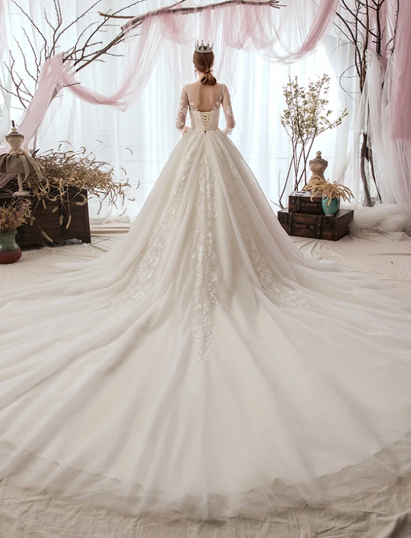 Luxury / Gorgeous Champagne Wedding Dresses 2019 A-Line / Princess Scoop Neck Sequins Lace Flower 3/4 Sleeve Backless Cathedral Train