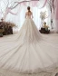 Luxury / Gorgeous Champagne Wedding Dresses 2019 A-Line / Princess Scoop Neck Sequins Lace Flower 3/4 Sleeve Backless Cathedral Train
