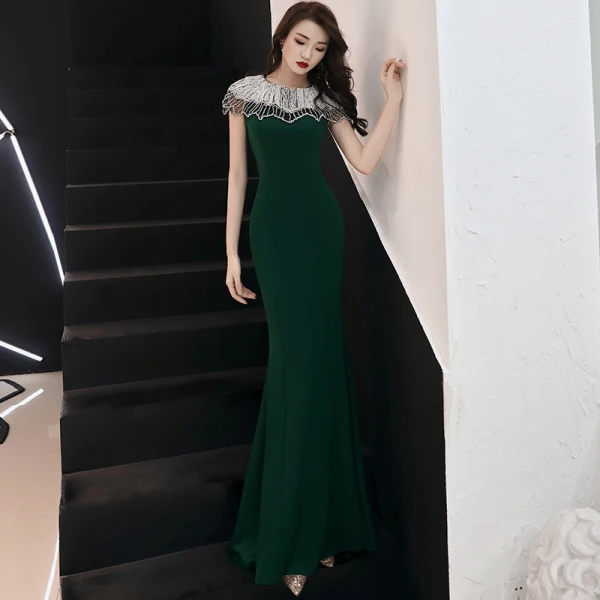 Elegant Dark Green Evening Dresses  2019 Trumpet / Mermaid Scoop Neck Beading Short Sleeve Floor-Length / Long Formal Dresses