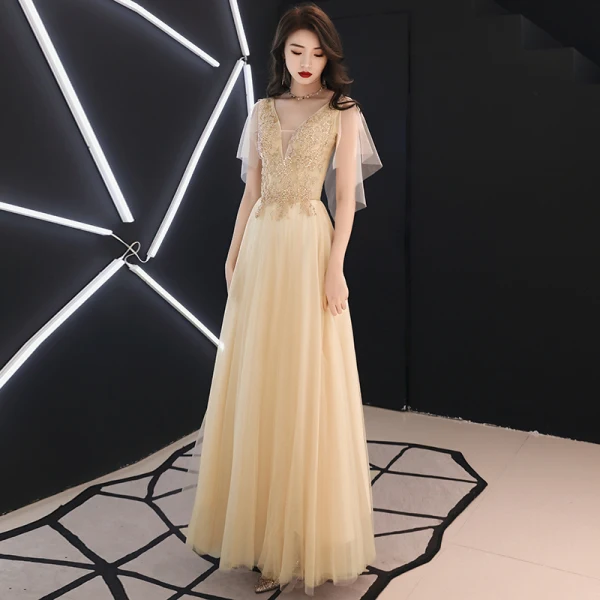 Elegant Champagne Evening Dresses 2019 A-Line / Princess Beading Crystal Sequins Lace Flower Backless V-Neck Short Sleeve Floor-Length / Long Formal Dresses