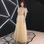 Elegant Champagne Evening Dresses  2019 A-Line / Princess Beading Crystal Sequins Lace Flower Backless V-Neck Short Sleeve Floor-Length / Long Formal Dresses