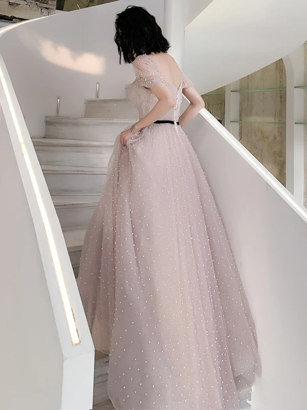 Charming Blushing Pink Pearl Prom Dresses 2021 A-Line / Princess Square Neckline Short Sleeve Backless Floor-Length / Long Formal Dresses