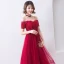 Chic / Beautiful Burgundy Evening Dresses  2019 A-Line / Princess Off-The-Shoulder Beading Crystal Lace Flower Short Sleeve Backless Tea-length Formal Dresses