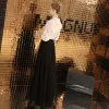 Elegant Black Evening Dresses  2019 A-Line / Princess High Neck Lace Flower 3/4 Sleeve Floor-Length / Long Formal Dresses