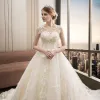 Charming Champagne Wedding Dresses 2019 A-Line / Princess V-Neck Beading Lace Flower Bell sleeves Backless Sweep Train