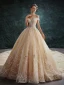 Luxe Champagne Robe De Mariée 2019 Robe Boule De l'épaule Perlage Perle En Dentelle Fleur Paillettes Manches Courtes Dos Nu Cathedral Train