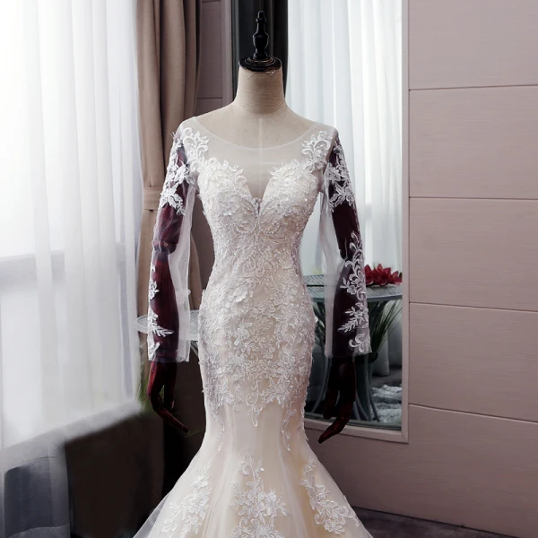 Sexy Champagne Wedding Dresses 2019 Trumpet / Mermaid Scoop Neck Sequins Pearl Lace Flower Long Sleeve Backless Court Train