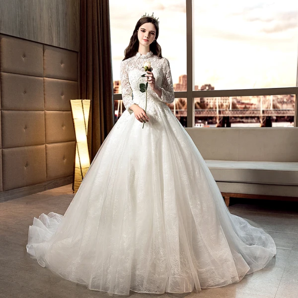 Elegant Ivory Wedding Dresses 2019 A-Line / Princess Scoop Neck Beading Pearl Sequins Lace Flower 3/4 Sleeve Cathedral Train