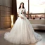 Elegant Ivory Wedding Dresses 2019 A-Line / Princess Scoop Neck Beading Pearl Sequins Lace Flower 3/4 Sleeve Cathedral Train