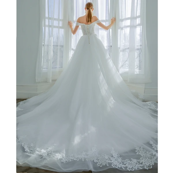 Elegant Ivory Wedding Dresses 2019 A-Line / Princess Off-The-Shoulder Beading Sequins Bow Sleeveless Backless Chapel Train