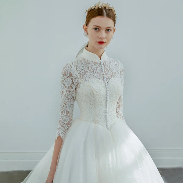 Elegant Ivory Wedding Dresses 2019 A-Line / Princess High Neck Lace Flower Buttons 3/4 Sleeve Chapel Train