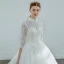 Elegant Ivory Wedding Dresses 2019 A-Line / Princess High Neck Lace Flower Buttons 3/4 Sleeve Chapel Train