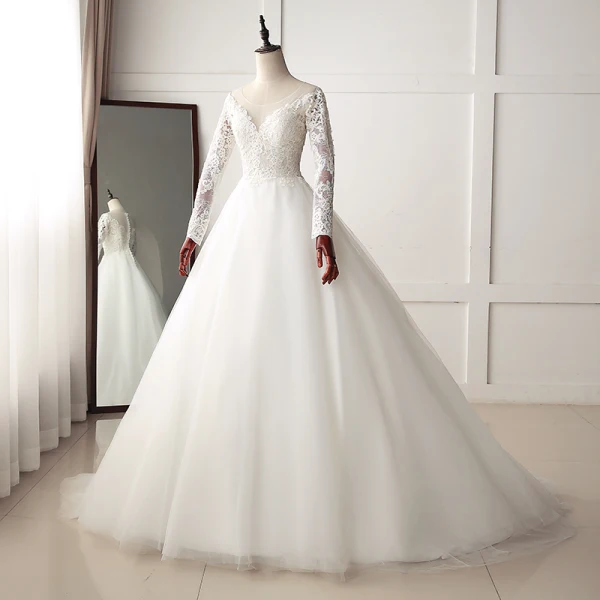Chic / Beautiful Ivory Wedding Dresses 2019 A-Line / Princess Scoop Neck Buttons Lace Flower Long Sleeve Sweep Train