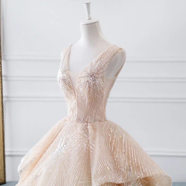 Luxury / Gorgeous Champagne Wedding Dresses 2019 A-Line / Princess V-Neck Sequins Cascading Ruffles Sleeveless Backless Cathedral Train
