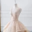 Luxury / Gorgeous Champagne Wedding Dresses 2019 A-Line / Princess V-Neck Sequins Cascading Ruffles Sleeveless Backless Cathedral Train