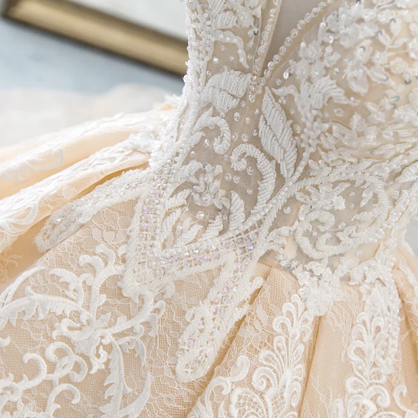 Luxury / Gorgeous Champagne Wedding Dresses 2019 A-Line / Princess High Neck Beading Pearl Crystal Lace Flower Sleeveless Backless Cathedral Train