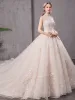 Chic / Beautiful Champagne Wedding Dresses 2019 A-Line / Princess High Neck Appliques Lace Flower Beading Pearl Sequins Cap Sleeves Backless Cathedral Train